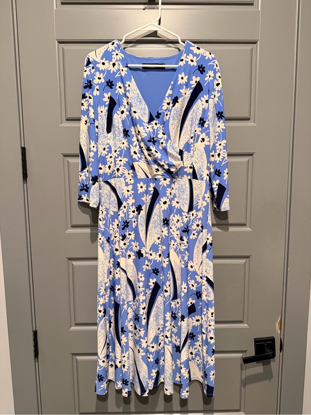 Lauren Ralph Lauren Carlyna Blue Floral Surplice A-Line Midi Jersey Dress Sz 12